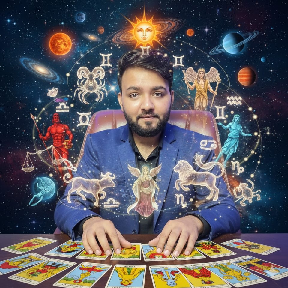 Avitosh Sood reading tarot cards under the zodiac, Karmic Astro-Tarot